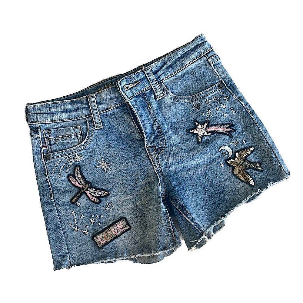 🌴 VIGOSS Blue Denim Embellished Mid-Rise Cutoff Shorts Girls 14